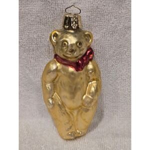 Vintage Blown Glass Teddy Bear Christmas Ornament‎ Gold Tone Holiday Decor